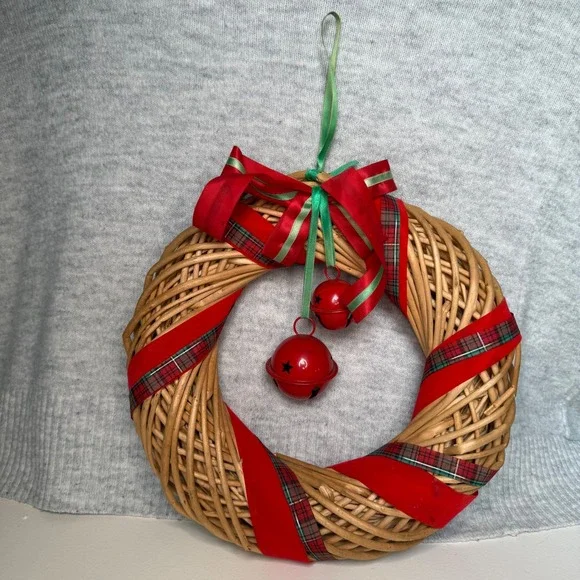 Wicker Christmas Wreath Red Green Plaid Ribbon Jingle Bells Holiday Decor - Picture 2 of 5